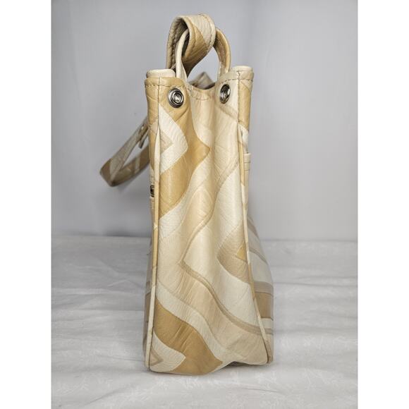 Vintage 70s Handmade Cream Tan Leather Tote Handbag Purse Shoulder Bag Chevron - Picture 6 of 7